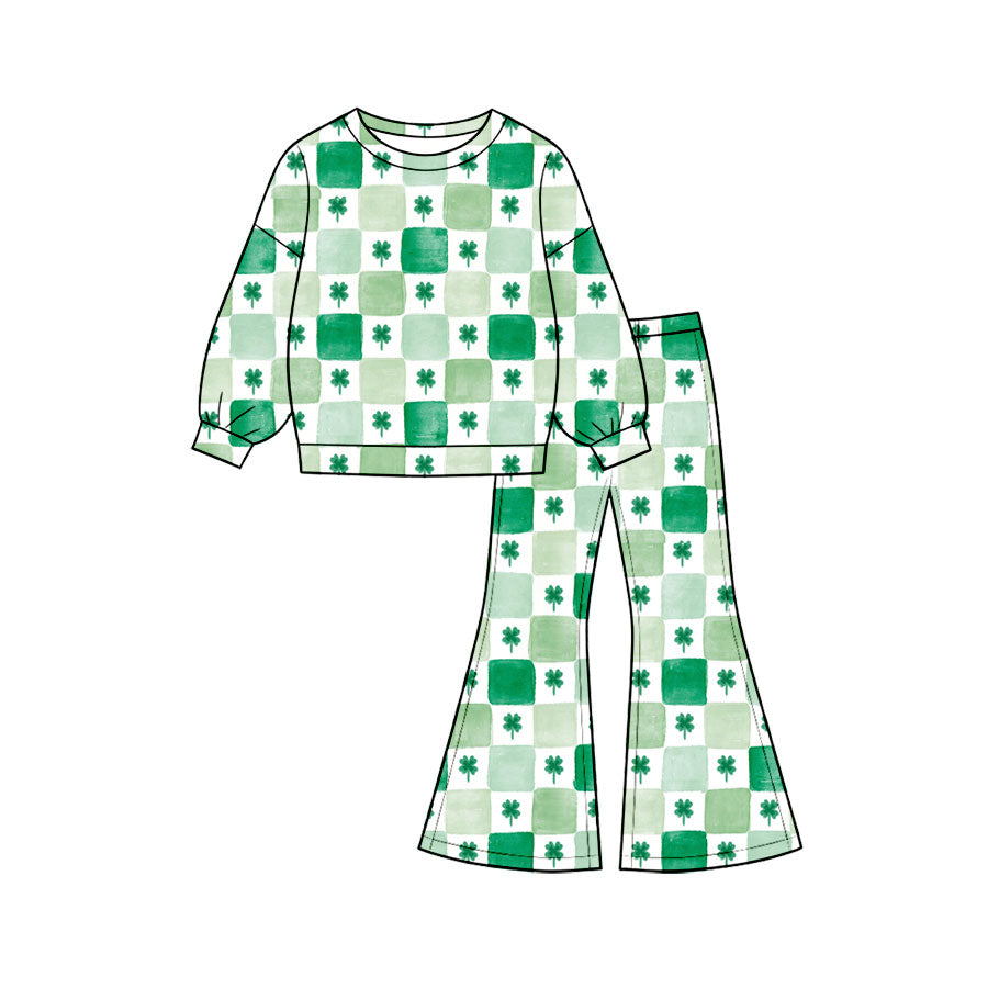 preorder GLP3925 St Patrick Clover Green Checkered Long Sleeve Pants Girls Set