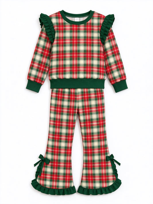 preorder GLP3941 Christmas Red Green Checkered Long Sleeve Pants Girls Set