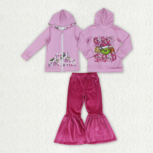 GLP3953 Christmas Green Face Pink Zipper Hoodie Long Sleeve Velet Pants Girls Set