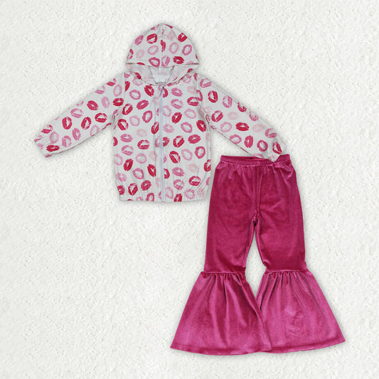 GLP3954 Valentine's Day Lips Zipper Hoodie Long Sleeve Velet Pants Girls Set