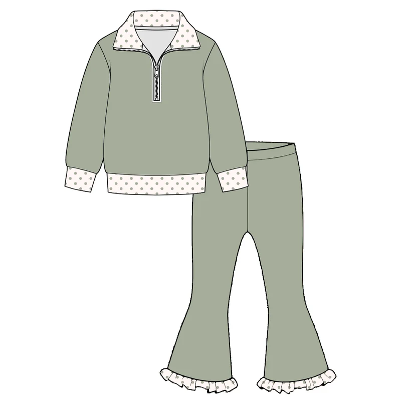 preorder GLP3962 Green Zipper Long Sleeve Pants Girls Set