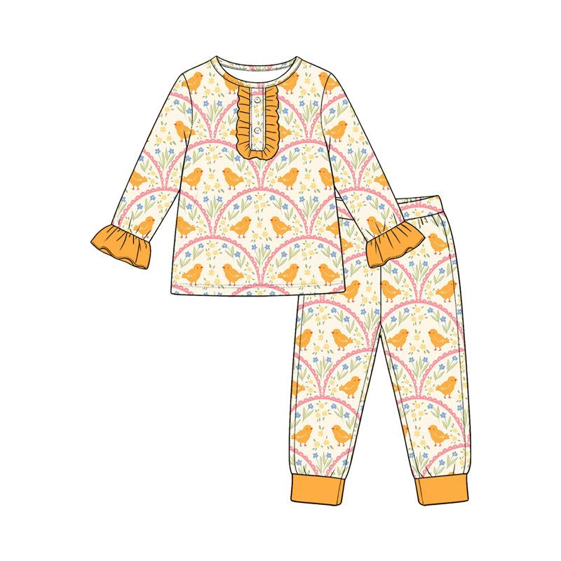 preorder GLP3965 Chick Yellow Long Sleeve Pants Girls Pajamas