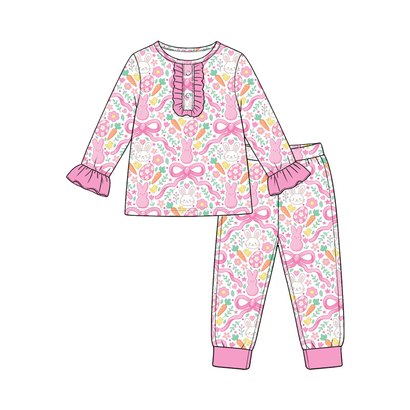preorder GLP3966  Easter Rabbit Bows Long Sleeve Pants Girls Pajamas