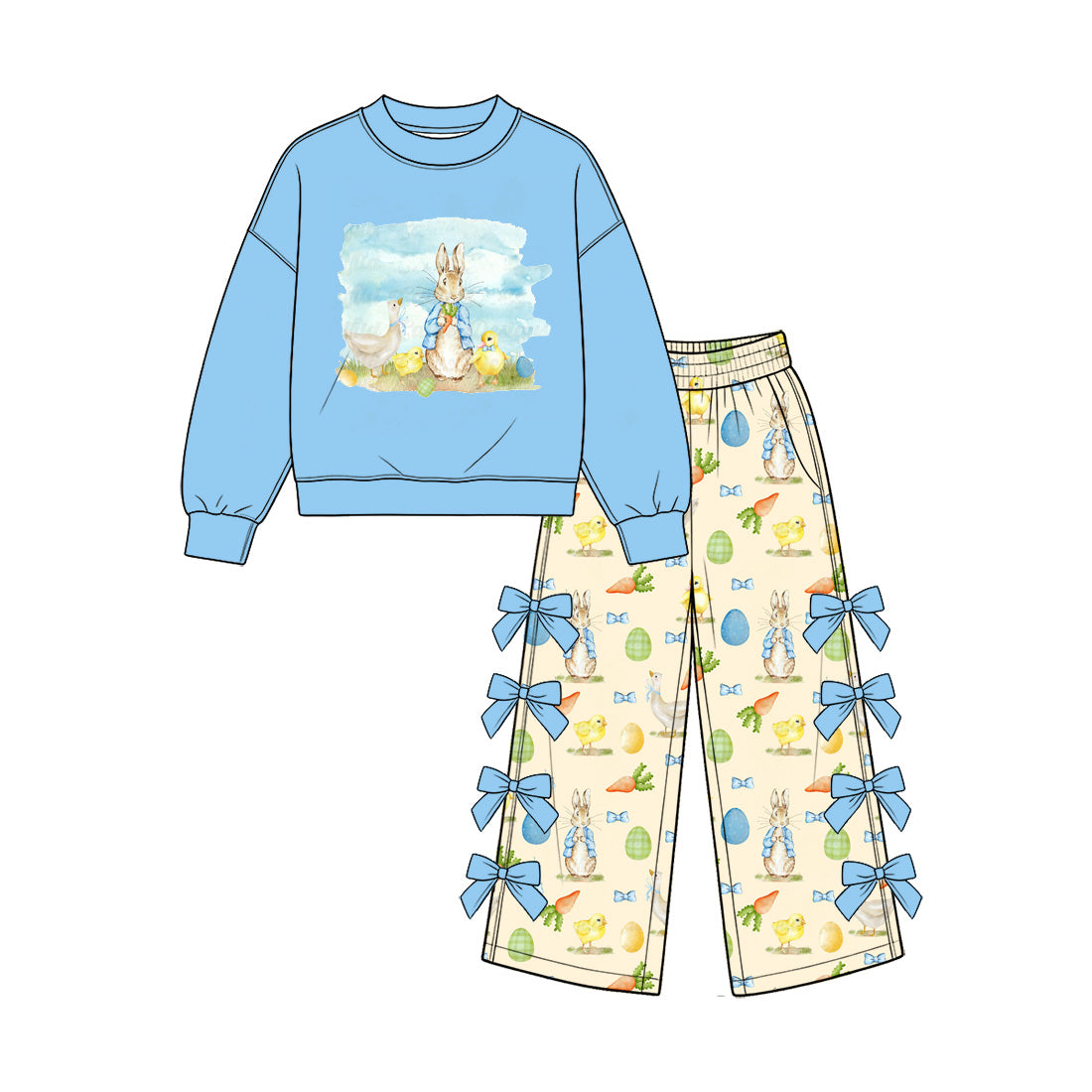 preorder GLP3970 Easter Rabbit BLue Long Sleeve Bows Pants Girls  Set
