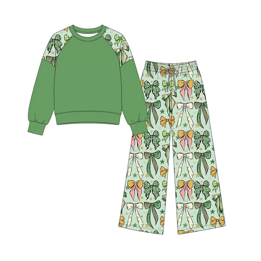 preorder GLP3972 St Patrick Green Bows Long Sleeve Pants Girls Set