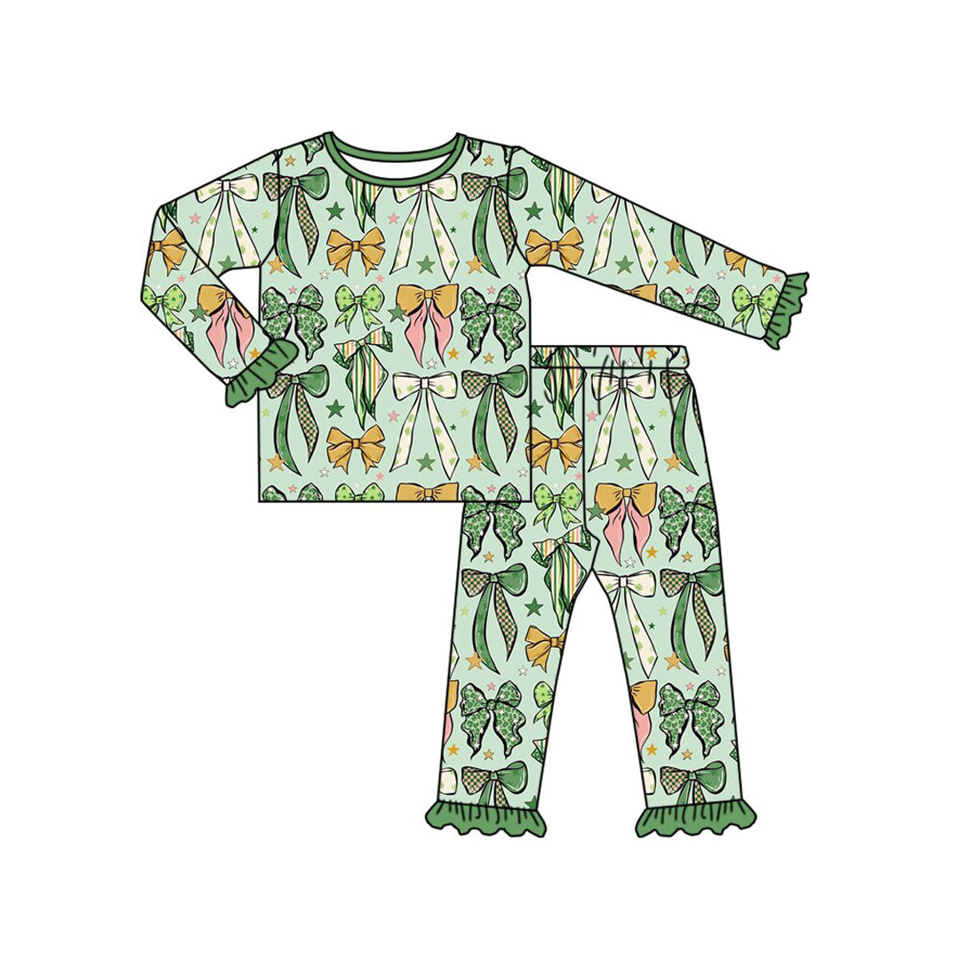 preorder GLP3973 St Patrick Green Bows Long Sleeve Pants Girls Pajamas
