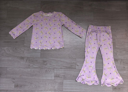 preorder Samples GLP3976 Scallop Mardi Gras Bows Purple Long Sleeve Pants Girls Set