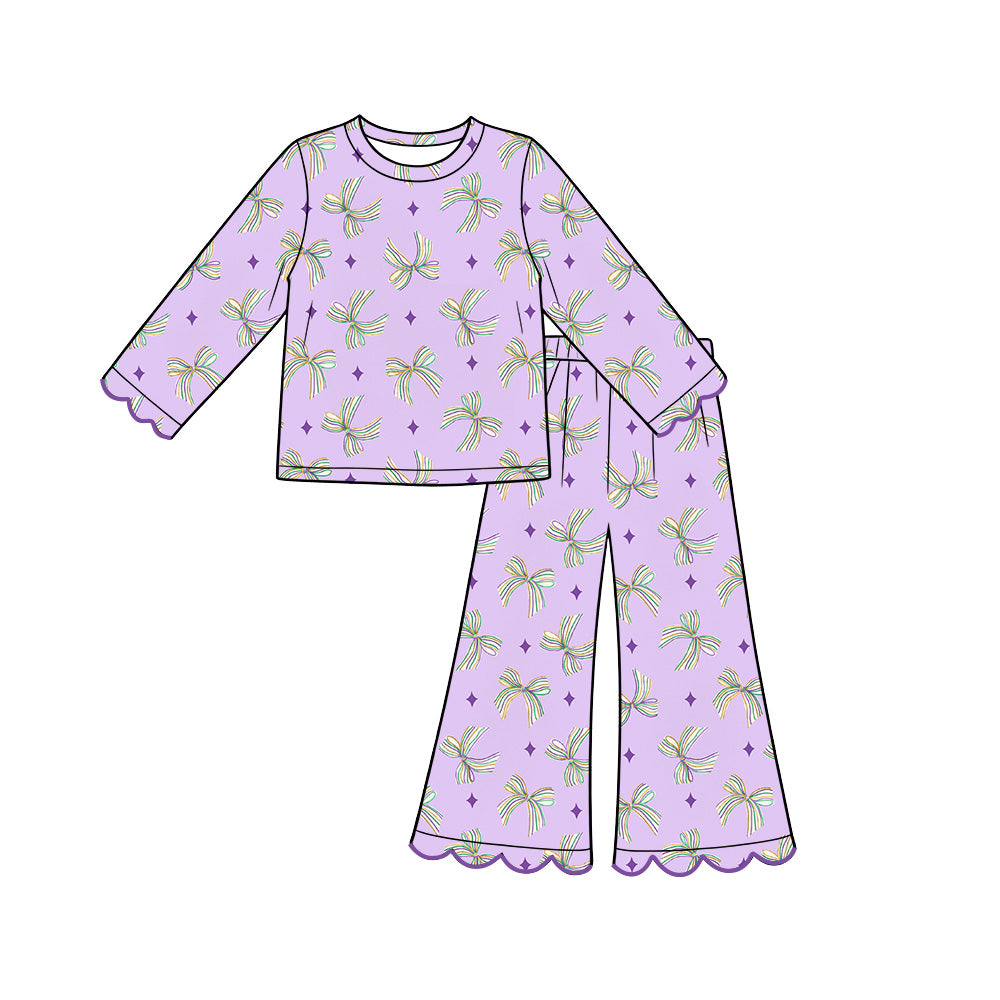 preorder GLP3976 Scallop Mardi Gras Bows Purple Long Sleeve Pants Girls Set