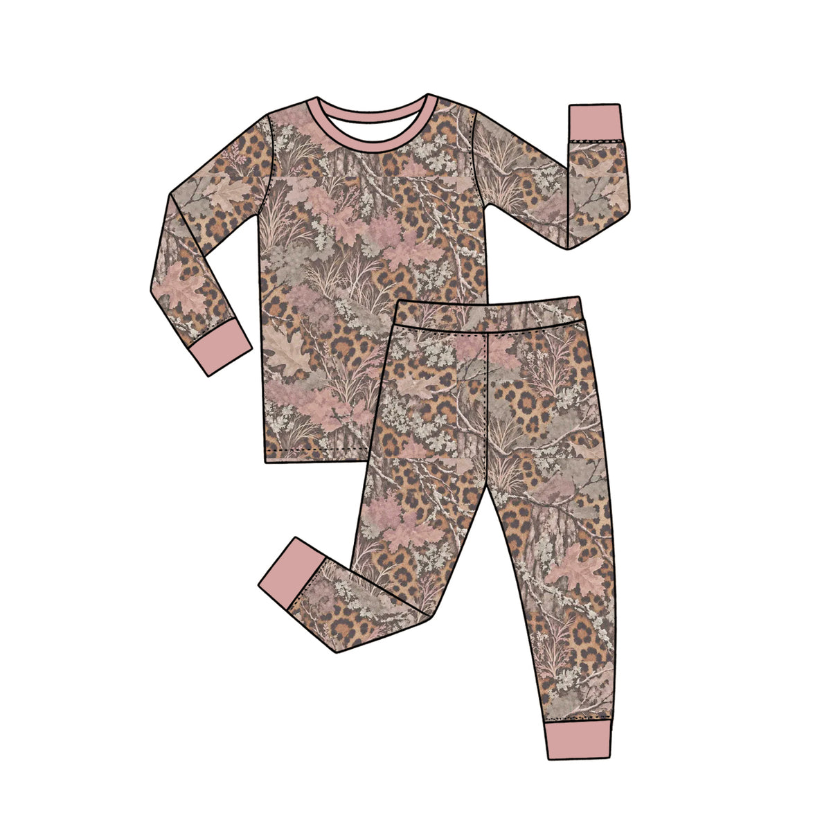 preorder GLP3989 Pink Flowers Leopard Long Sleeve Pants Girls Pajamas