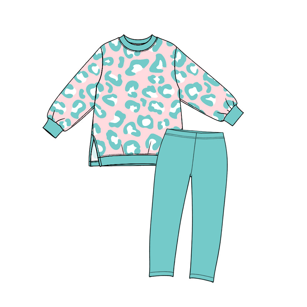 preorder GLP3990 Leopard Long Sleeve Blue Pants Girls Set