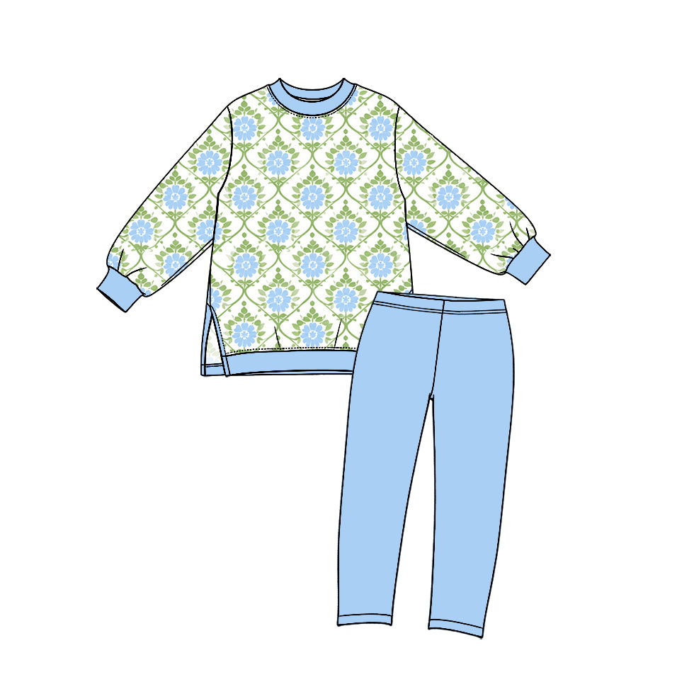 preorder GLP3995 Yoga Blue Flowers Long Sleeve Pants Girls Set