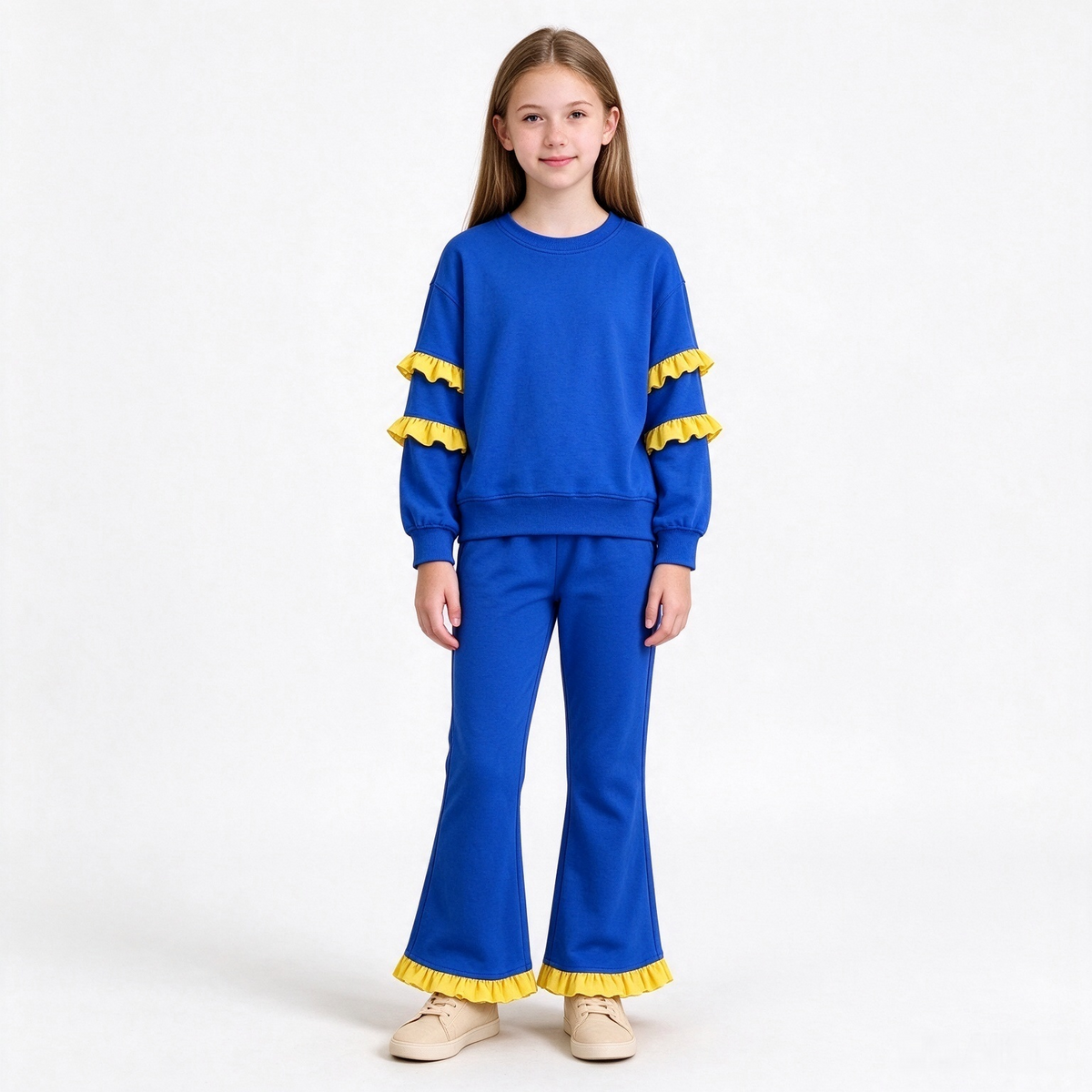 preorder GLP4008 Yellow Ruffles & Navy Blue Long Sleeve Pants Girls Set
