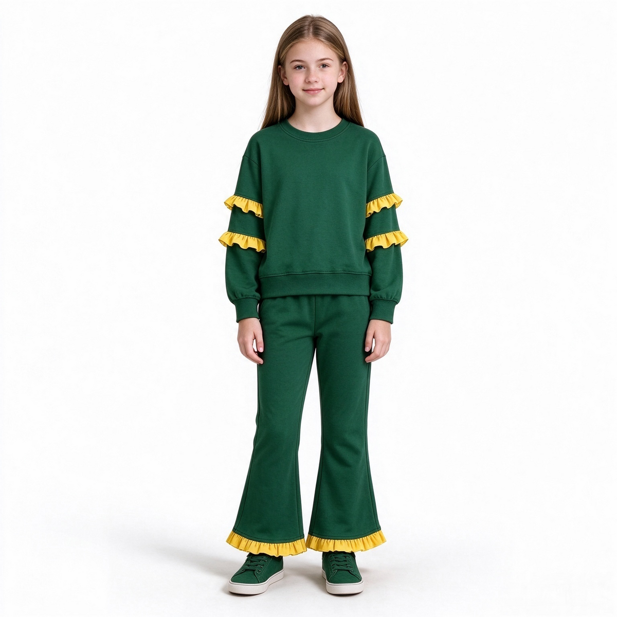 preorder GLP4010 Yellow Ruffles & Green Long Sleeve Pants Girls Set
