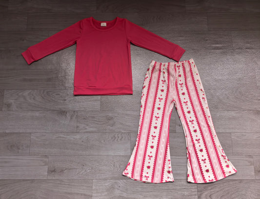 preorder Samples GLP4024 Pink Long Sleeve Flowers Bows Pants Girls Set