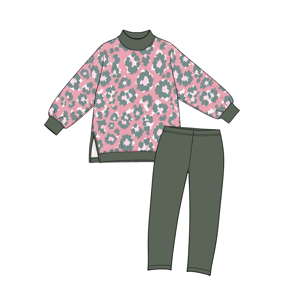 preorder GLP4028 Flowers Leopard Pink Long Sleeve Green Pants Girls Set