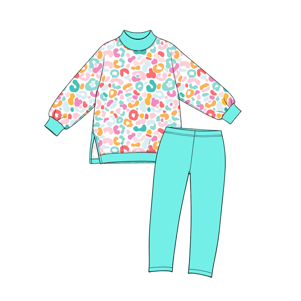 preorder GLP4029 Flowers Leopard Mint Blue Long Sleeve Pants Girls Set