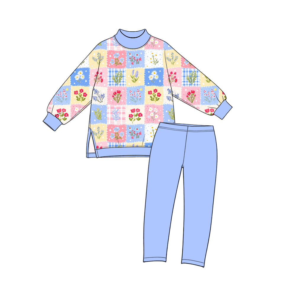preorder GLP4030 Colorful Flowers Long Sleeve Blue Pants Girls Set