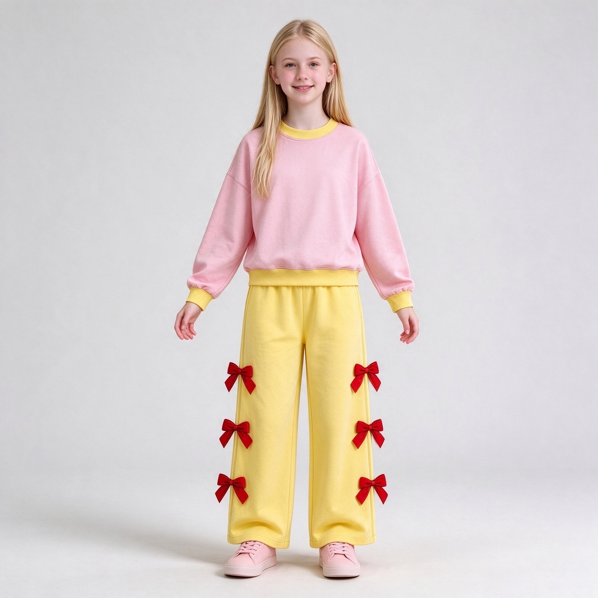 preorder GLP4035 Cotton Pink Long Sleeve Bows Yellow Pants Girls Set