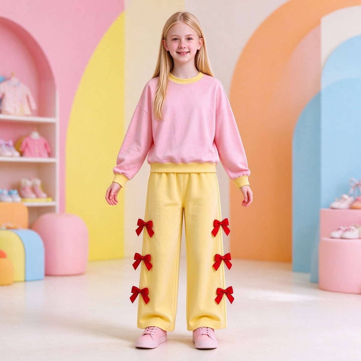 preorder GLP4035 Cotton Pink Long Sleeve Bows Yellow Pants Girls Set