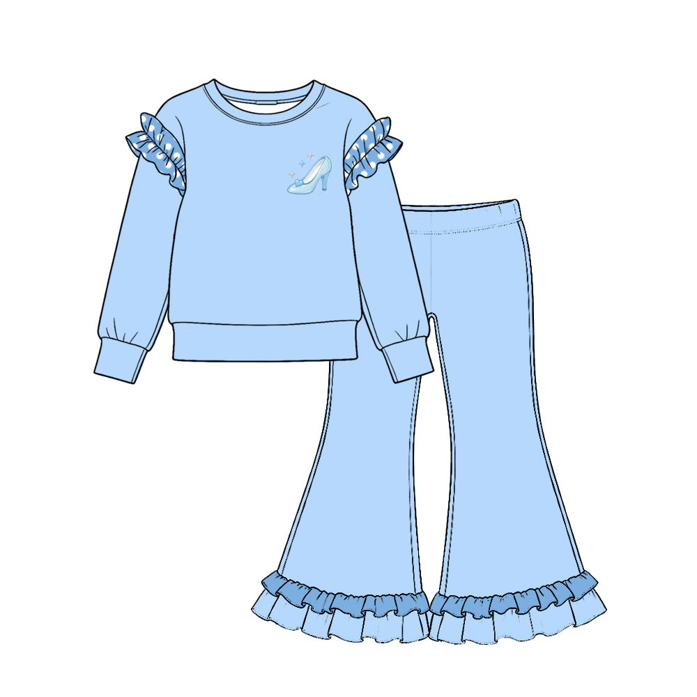 preorder GLP4045 Princess Cotton Ruffles Blue Long Sleeve Blue Pants Girls Set