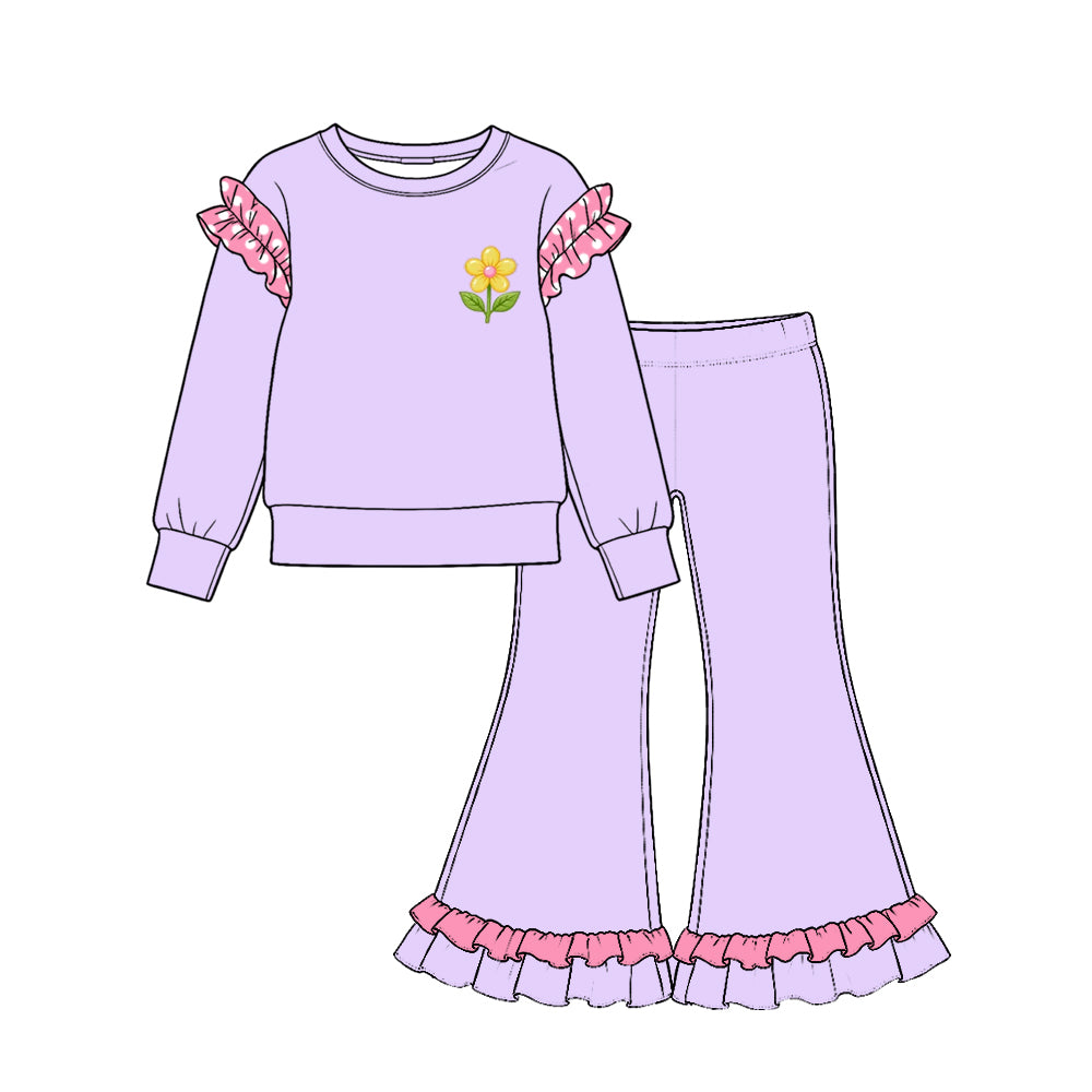 preorder GLP4048 Princess Cotton Ruffles Purple Long Sleeve Purple Pants Girls Set
