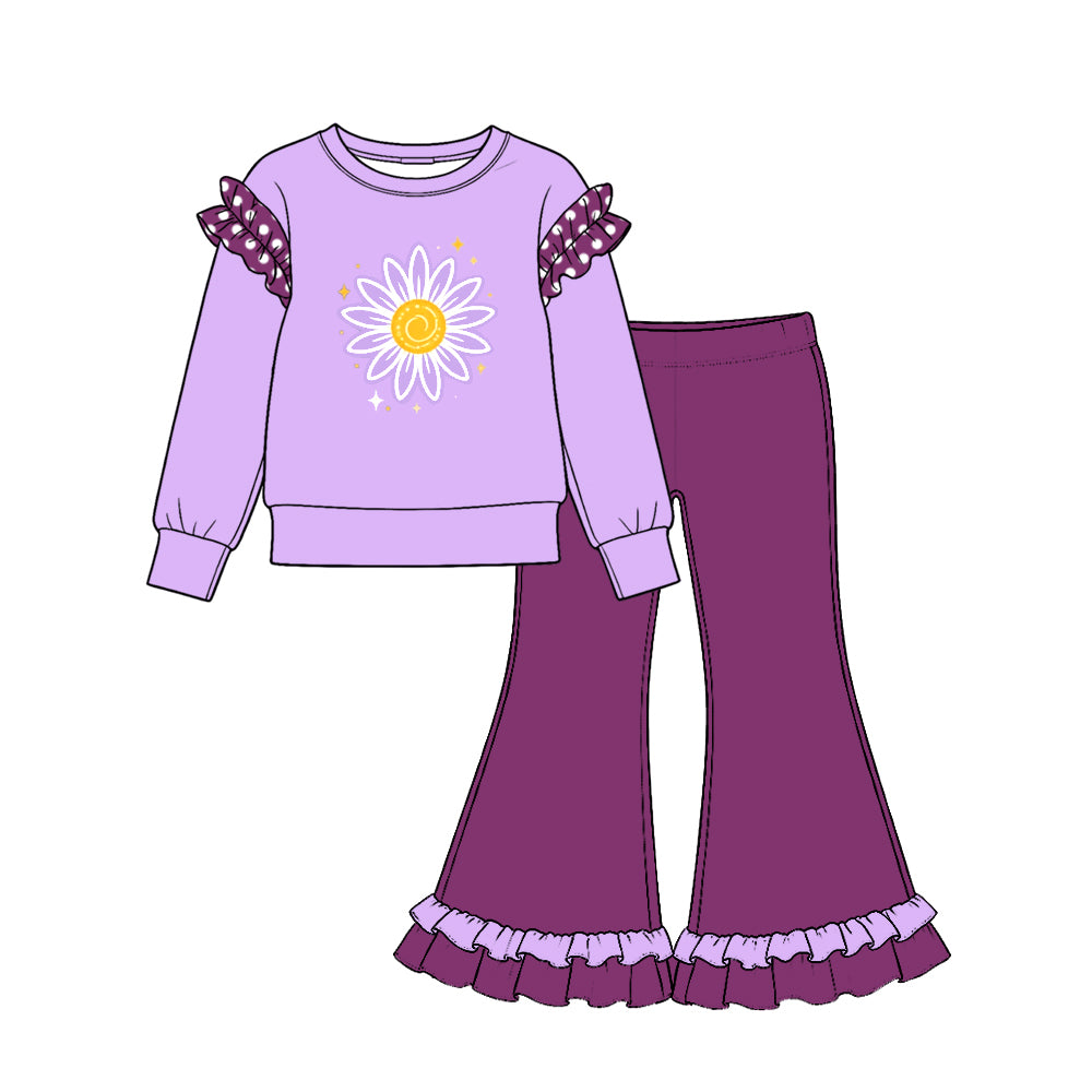 preorder GLP4063 Cotton Princess Ruffles Purple Long Sleeve Dark Purple Pants Girls Set