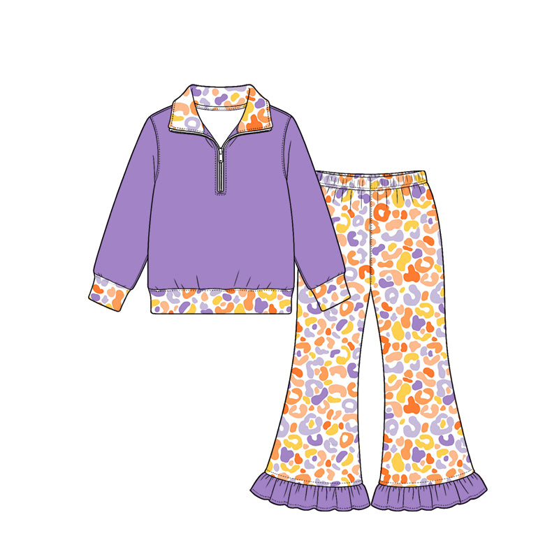 preorder GLP4067 Purple Zipper Long Sleeve Leopard Pants Girls Set