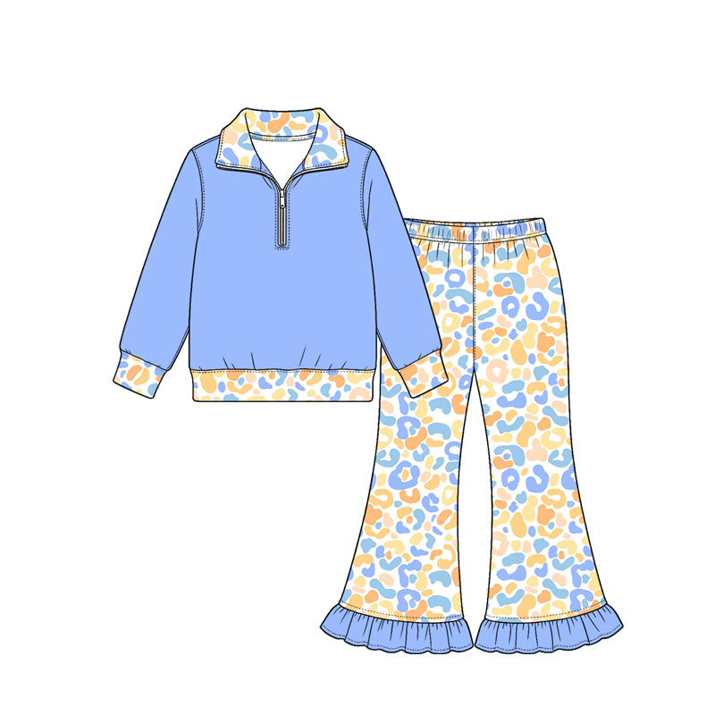 preorder GLP4068 Blue Zipper Long Sleeve Leopard Pants Girls Set