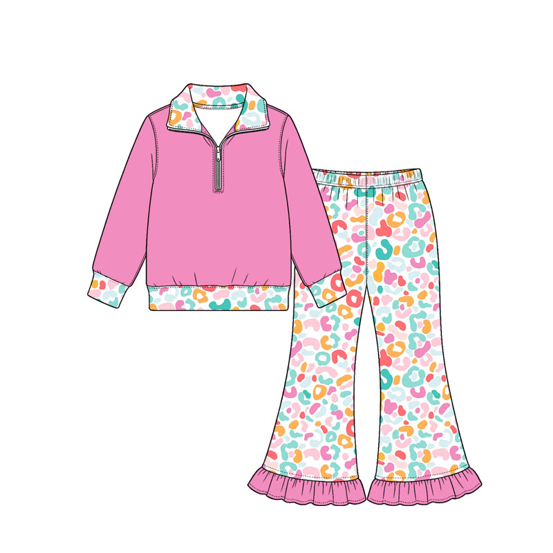 preorder GLP4069 Pink Zipper Long Sleeve Leopard Pants Girls Set