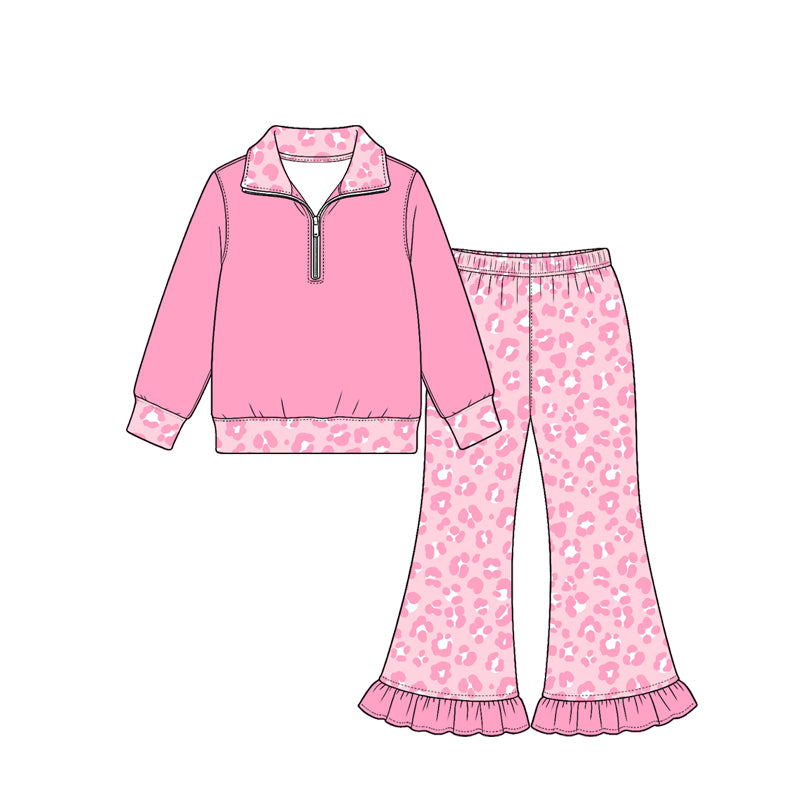preorder GLP4072 Pink Zipper Long Sleeve Leopard Pants Girls Set