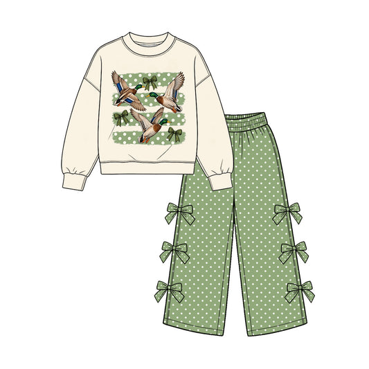 preorder GLP4087 Hunting Mallard Duck Long Sleeve Bows Dot Pants Girls Set