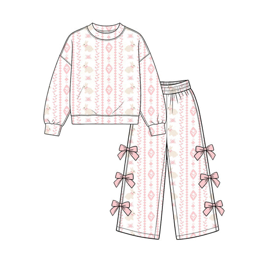 preorder GLP4089 Easter Rabbit Flowers Pink Long Sleeve Bows Pants Girls Set