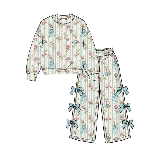 preorder GLP4090 Easter Rabbit Flowers Blue Long Sleeve Bows Pants Girls Set