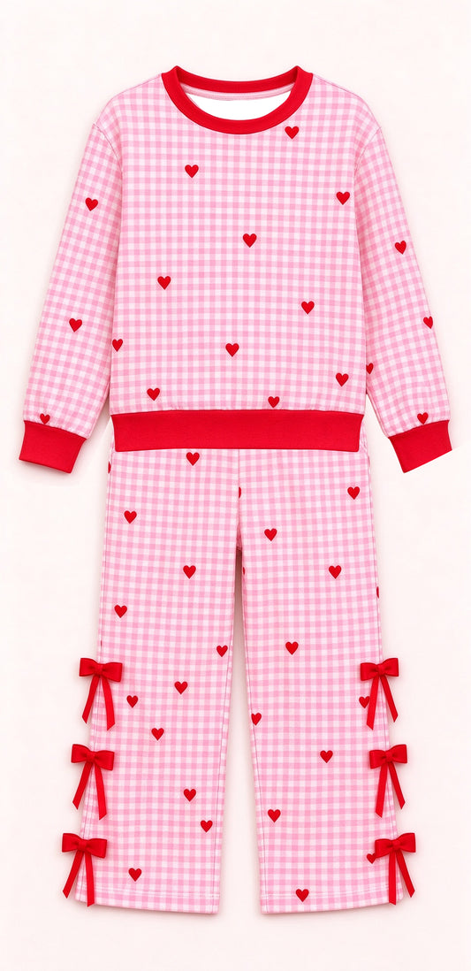 preorder GLP4107 Valentine's Day Heart Pink Checkered Long Sleeve Pants Girls Set