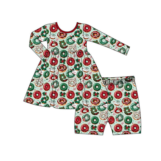 preorder GLS0002 Christmas holly berry donut green long sleeve shorts girls pajamas