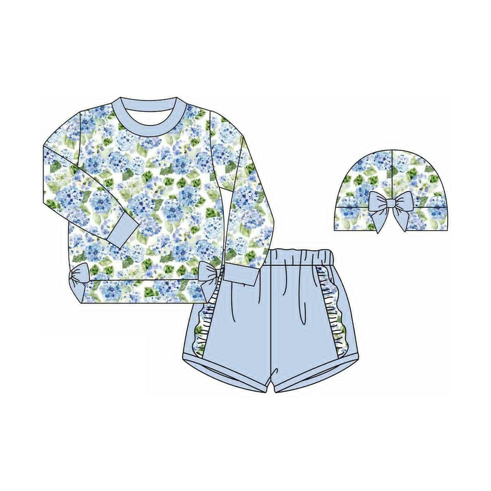 preorder GLS0013 blue flowers floral spilt cute bows long sleeve shorts girls set