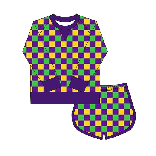 preorder GLS0016 Mardi Gras yellow green purple checkered long sleeve shorts girls set