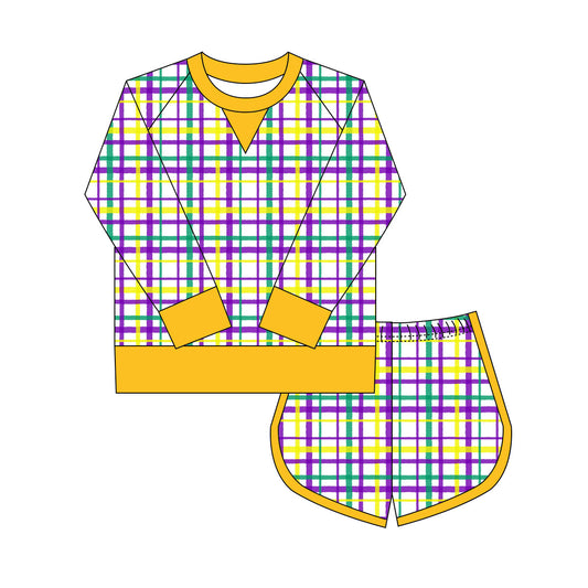 preorder GLS0017 Mardi Gras yellow green purple checkered long sleeve shorts girls set