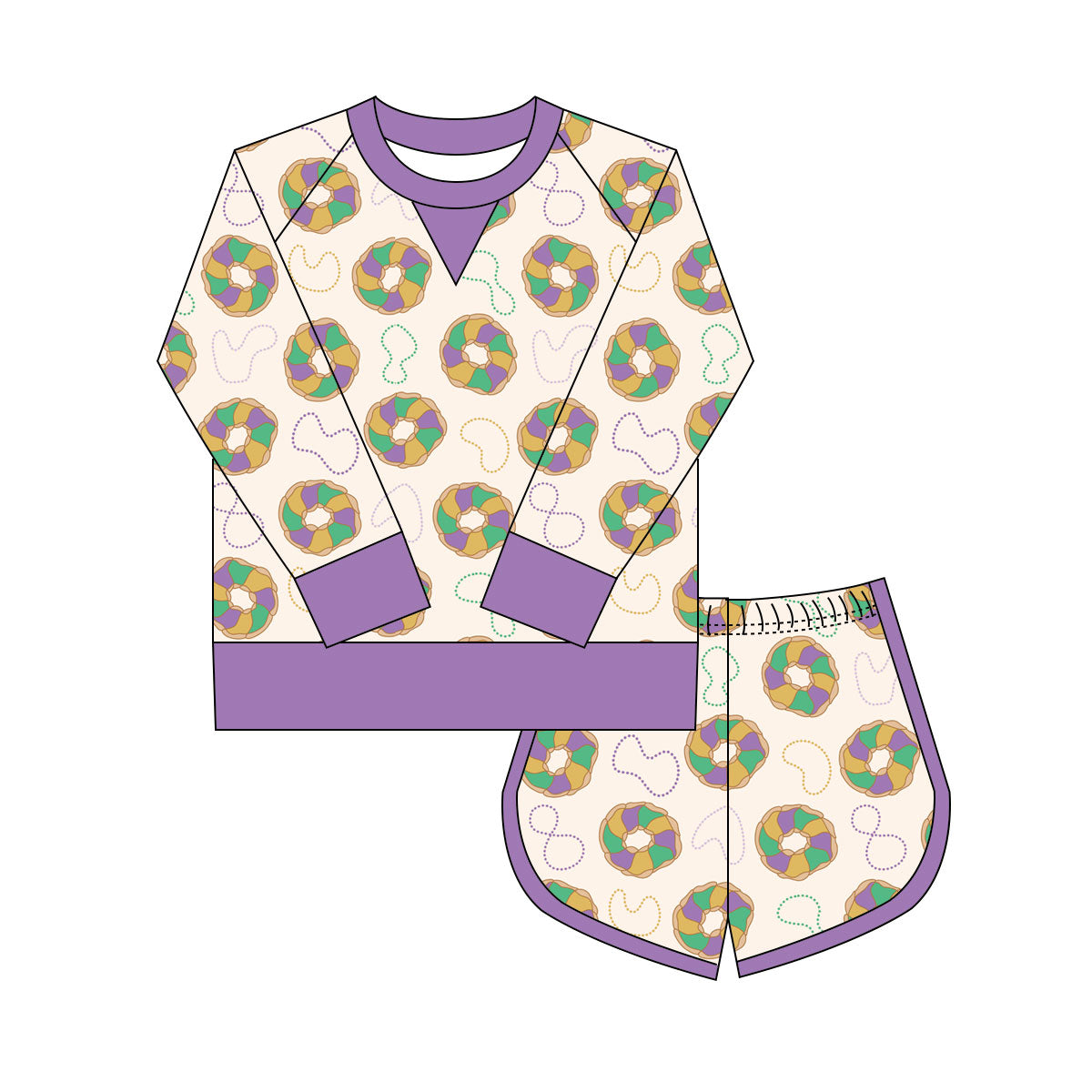 preorder GLS0018 Mardi Gras dount purple long sleeve shorts girls set