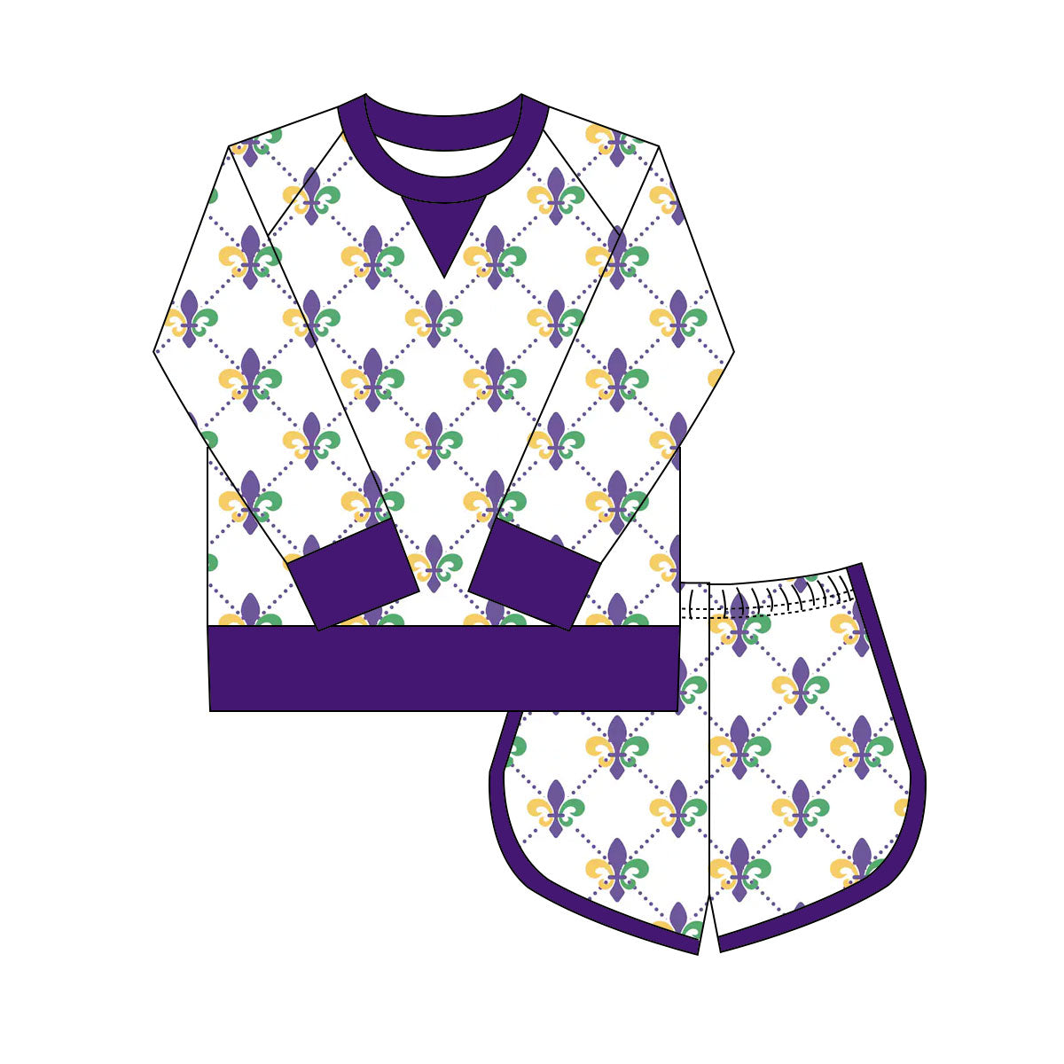 preorder GLS0019 Mardi Gras purple long sleeve shorts girls set