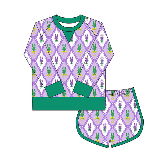 preorder GLS0020 Mardi Gras purple green long sleeve shorts girls set