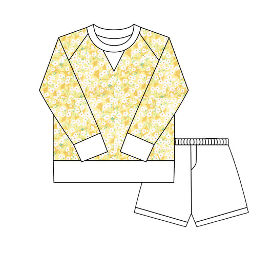 preorder GLS0022 yoga yellow flowers floral long sleeve white shorts girls set