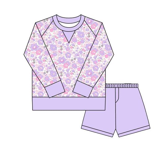 preorder GLS0024 yoga purple flowers floral long sleeve purple shorts girls set