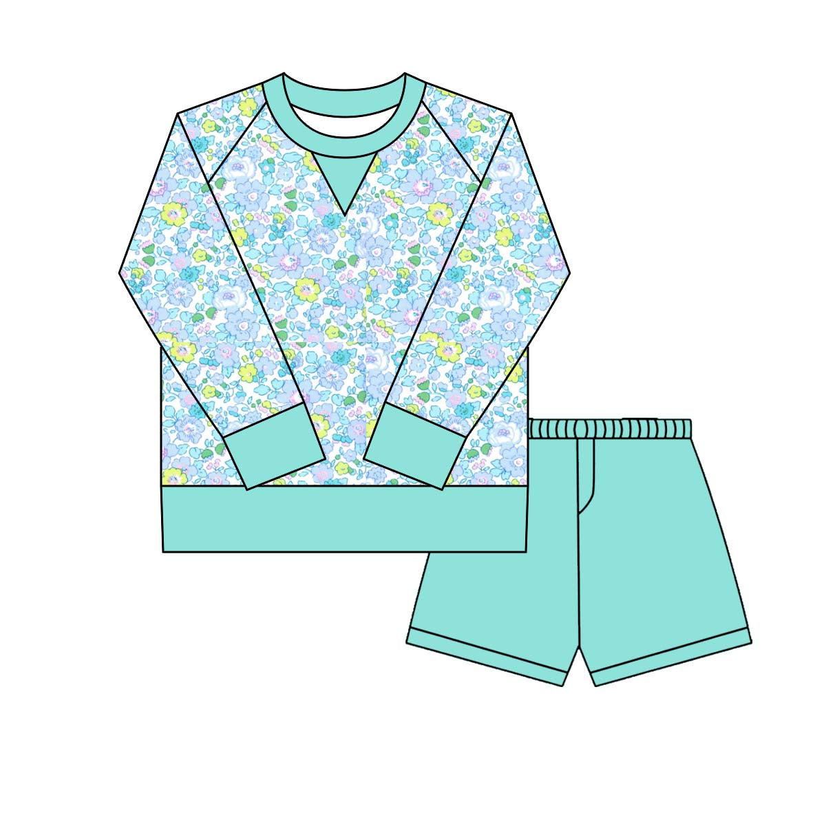 preorder GLS0026 yoga blue flowers floral long sleeve blue shorts girls set