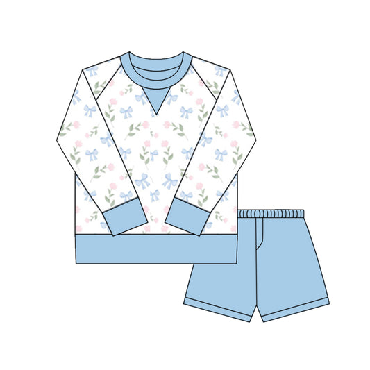 preorder GLS0027 yoga blue flowers floral long sleeve blue shorts girls set