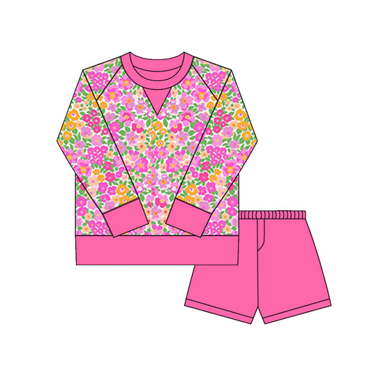 preorder GLS0028 yoga hot pink flowers floral long sleeve hot pink shorts girls set