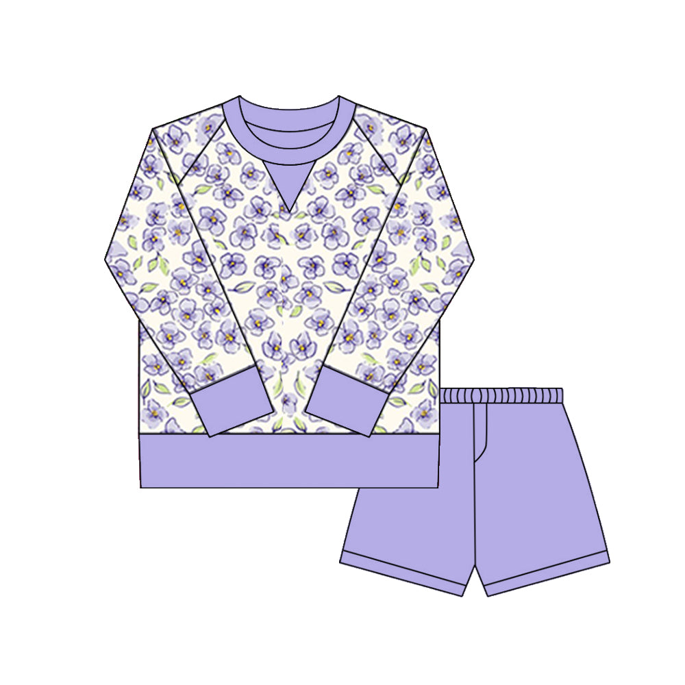 preorder GLS0029 yoga purple flowers floral long sleeve purple shorts girls set