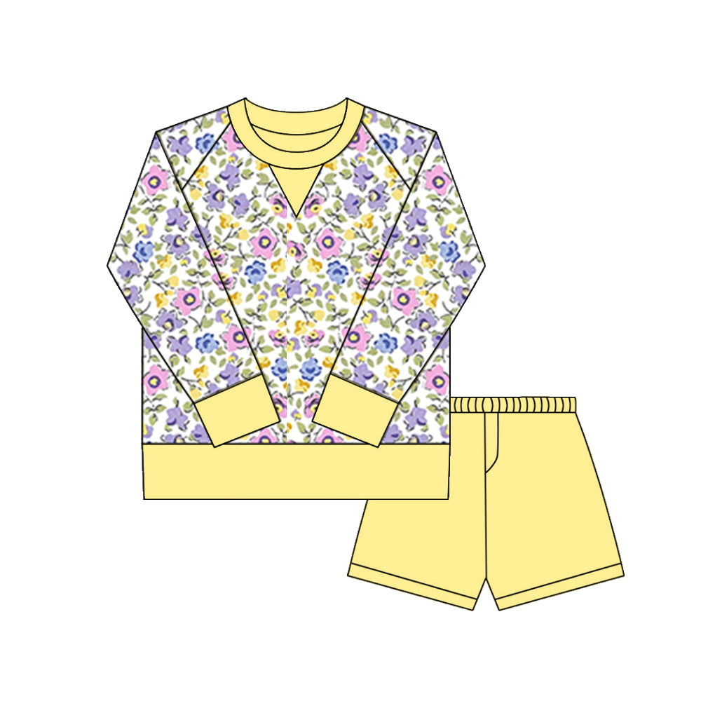 preorder GLS0030 yoga yellow flowers floral long sleeve yellow shorts girls set