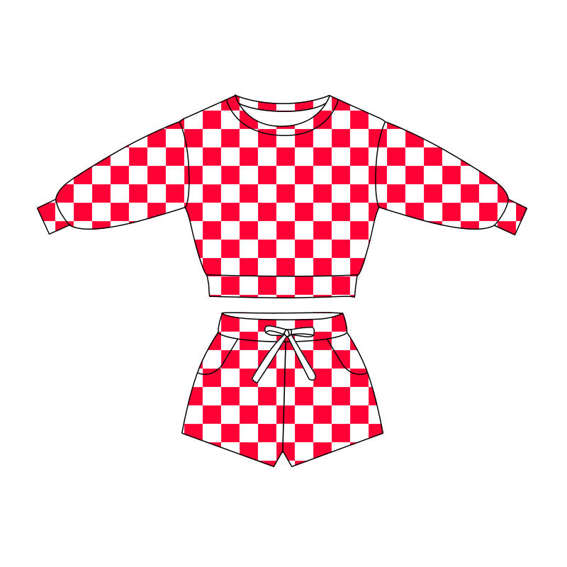 preorder GLS0051 Hot Pink Checkered Long Sleeve Shorts Girls Set