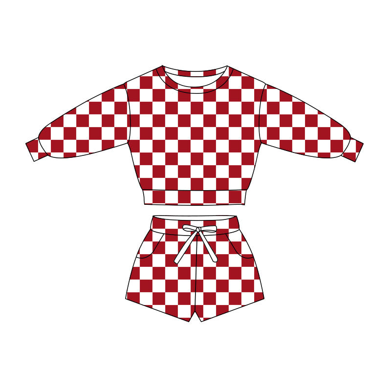 preorder GLS0052 Red Checkered Long Sleeve Shorts Girls Set